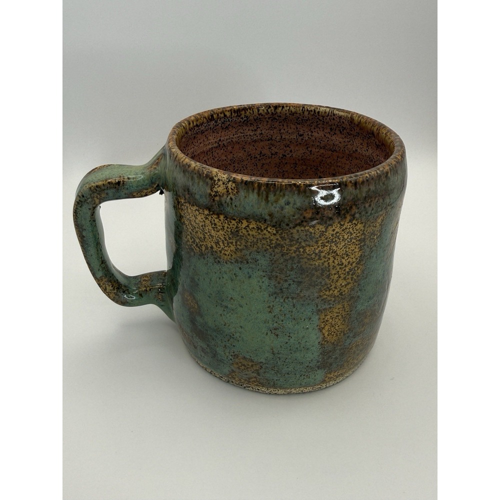 Signed Studio Pottery Mug Handmade Stoneware Teal Brown Reactive Glaze Artisan
